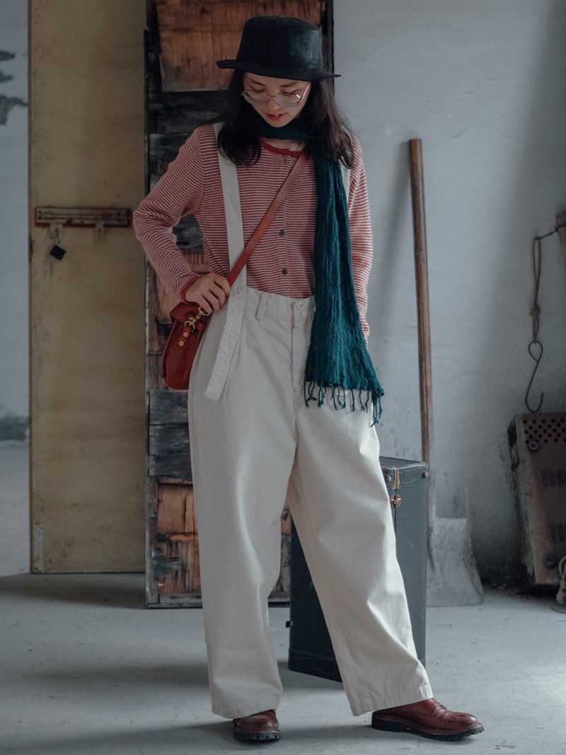 桑油絲白 直筒褲 寬松百搭棉復古休閒簡約背帶褲 吊帶長褲 - 女装长裤 - 棉．麻 白色