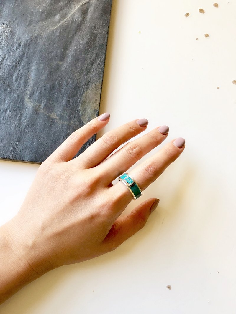 Vintage One-of-a-kind Rectangle Turquoise Silver Ring - 戒指 - 纯银 蓝色