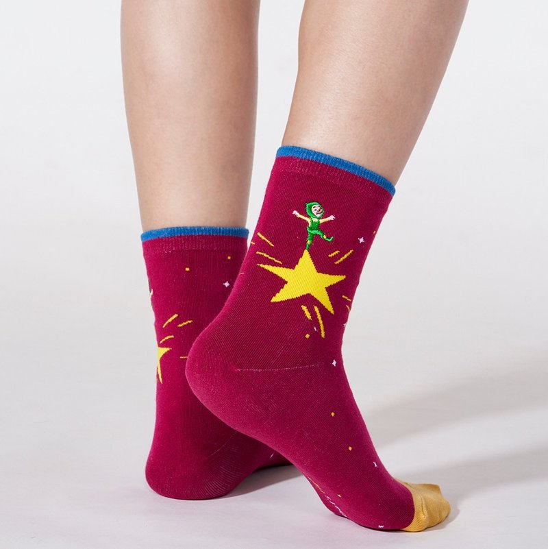 几米 忘记亲一下 。许愿星星 3:4 刺绣袜 - 袜子 - 棉．麻 红色