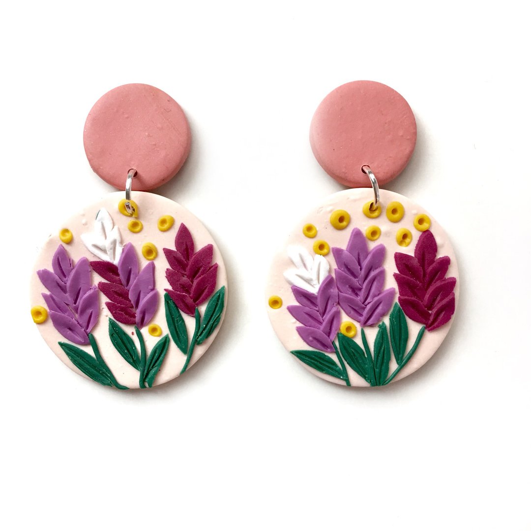 软陶耳环Clay earrings 薰衣草乐园 - 耳环/耳夹 - 环保材料 多色
