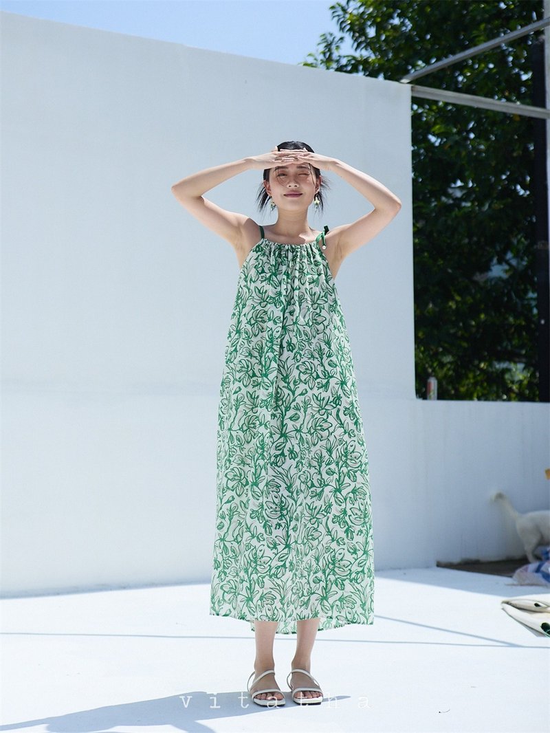 纺诗车间 绿色碎花无袖吊带洋装 夏季宽松中长裙子连衣裙 - 洋装/连衣裙 - 其他人造纤维 绿色