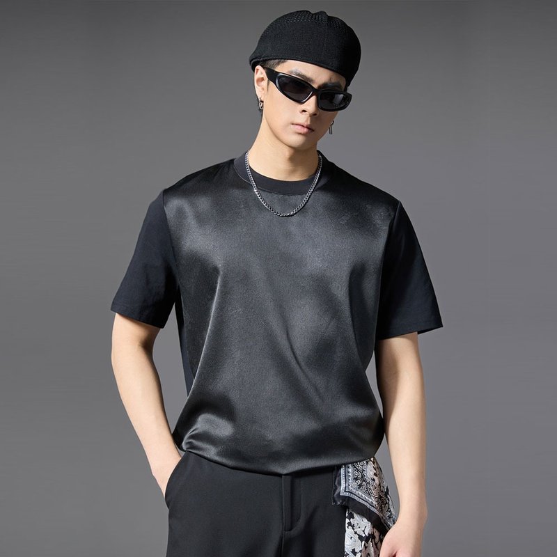 男士拼接圆领短袖T恤  简约休闲宽松上衣 - 男士长裤 - 棉．麻 