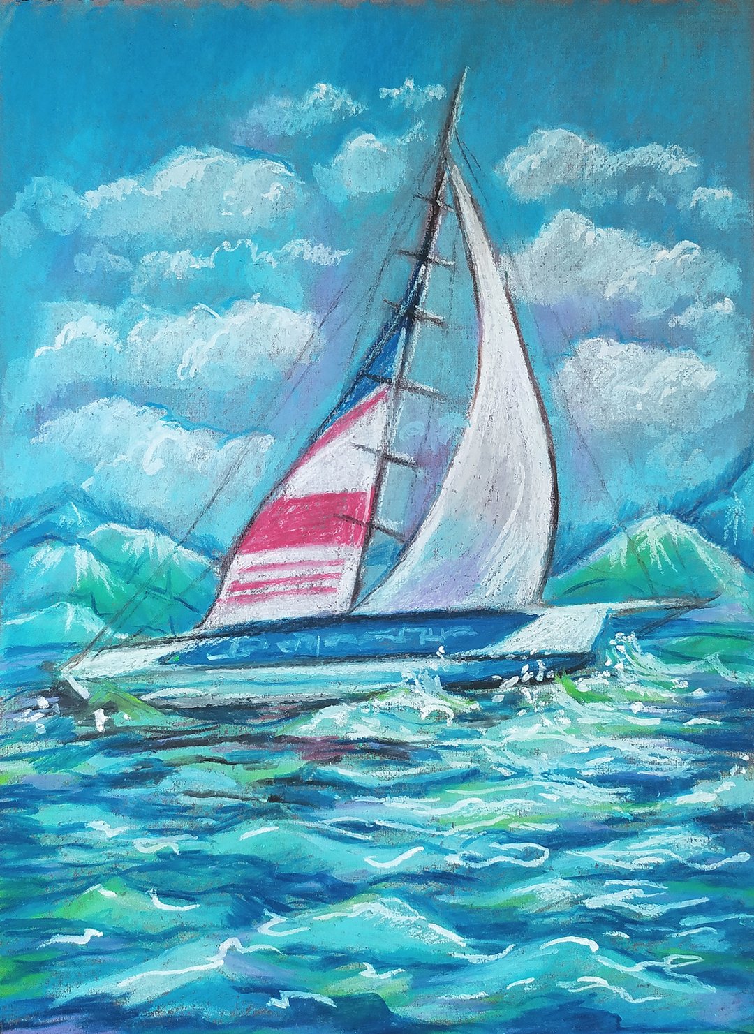 Seascapes  sailboat at sea oil pastel original work animal original painting art - 墙贴/壁贴 - 纸 蓝色