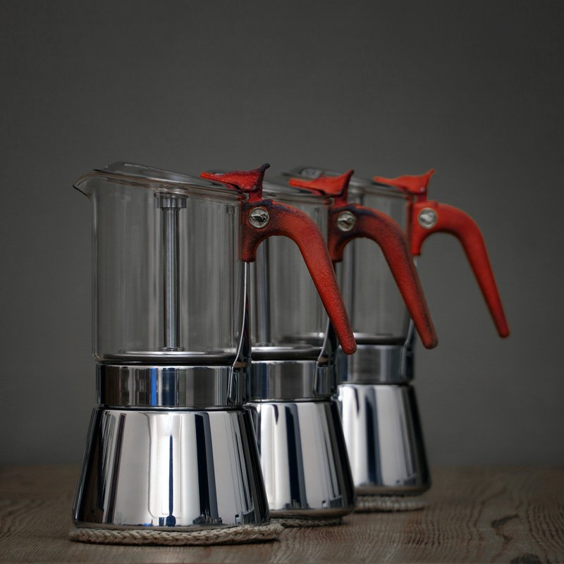 【火红炭烧把手】玻璃摩卡壶 360ml • HOMER GLASS MOKA POT BHE - 咖啡壶/周边 - 不锈钢 红色