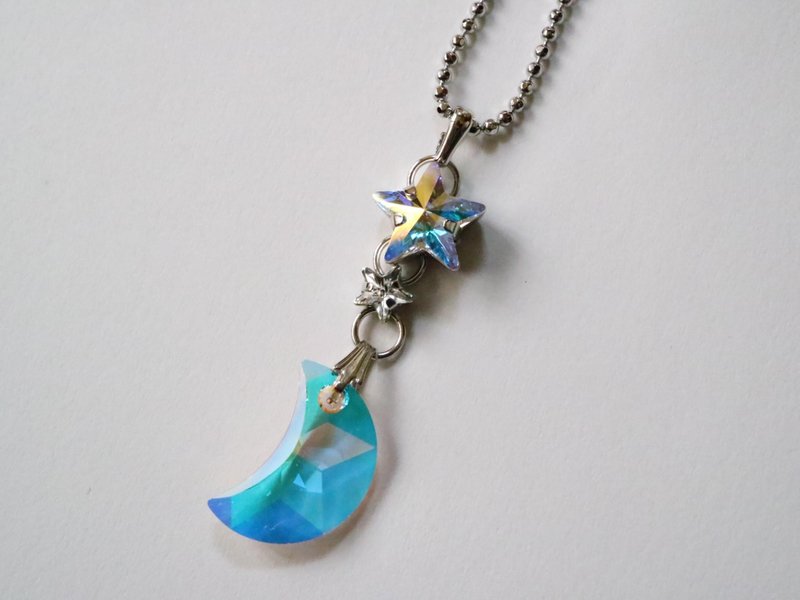 彩虹月亮项链 蓝月 奥地利 水晶玻璃 浅蓝宝石 星星 宇宙 幻想 魔法 梦想 新月 上弦月 旭日 彩虹 - 项链 - 玻璃 多色