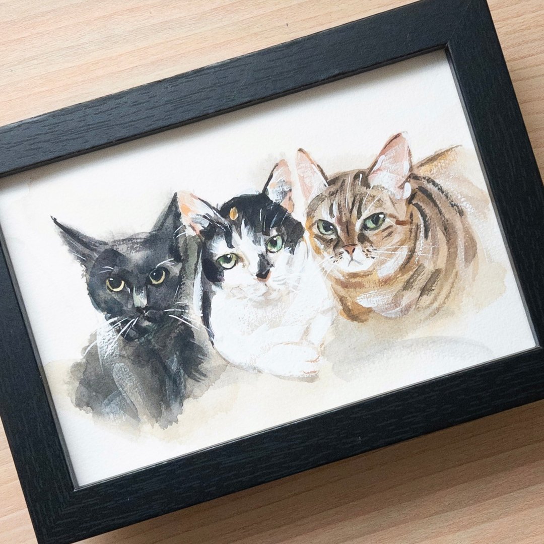 【画你的猫咪】率性油风格的肖像水彩插画 (3 只) 定制画像 手绘 - 订制画像 - 纸 