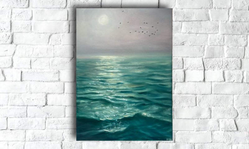 Original Medium Seascape Painting, Oil On Canvas, Full Moon Art - 海报/装饰画/版画 - 其他材质 绿色