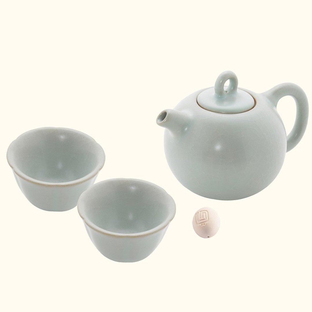 【中秋送礼】陆宝 汝窑 圆珠壶自在茶组 一壶两杯 - 茶具/茶杯 - 陶 透明