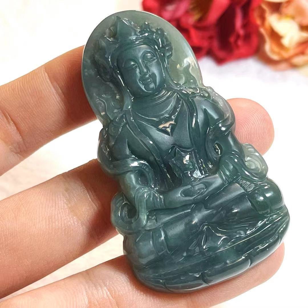 多宝晶石/天然翡翠A货绿度母/蓝水度母/威料/勇母/双抛/正装观音 - 项链 - 玉石 蓝色
