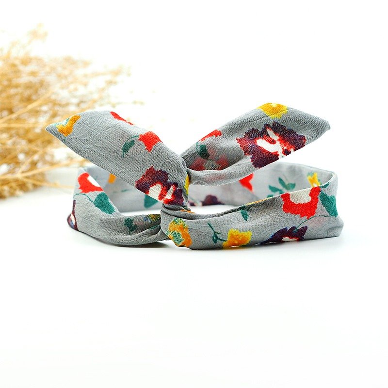 小牛村 Calf Village 手工发饰 铝线发带 多元造型 头带 复古 耐看 {石绚柔花} 灰底【A-172】限量古布 - 发饰 - 丝．绢 灰色