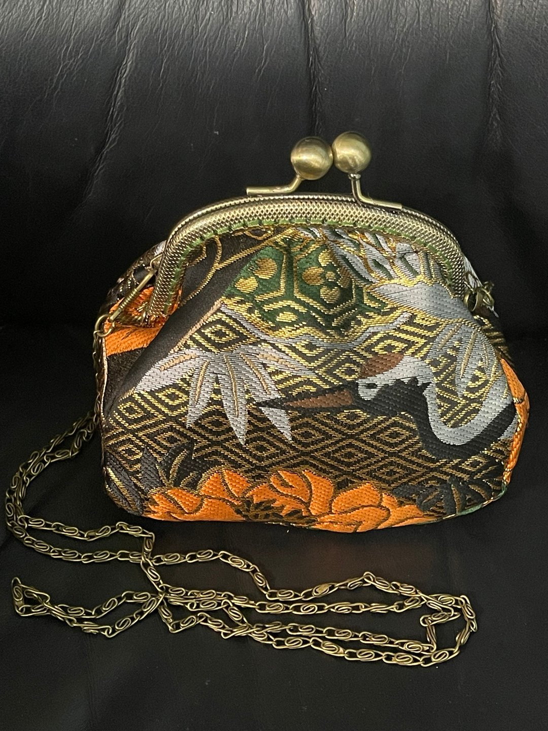 羽华金织 复古飞鹤织锦缎口金包 链条手拿包 胖胖包 斜背包 - 侧背包/斜挎包 - 丝．绢 黑色