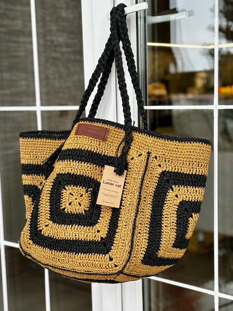 Granny Five 托特包 限量拉菲草编织包，手工编织拉菲草包，纸纤维纱包 - 手提包/手提袋 - 环保材料 咖啡色