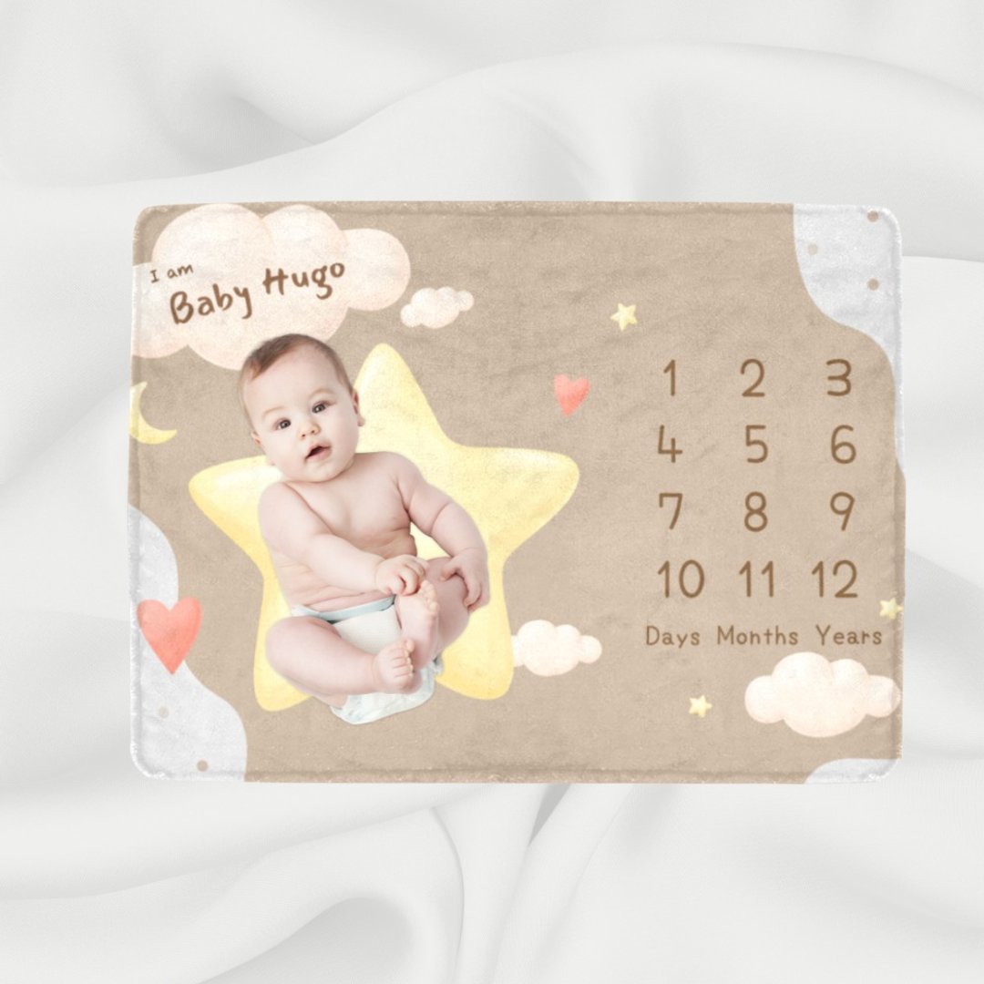 【满月礼物】个人化婴儿成长记录毛毯(Star Moon Baby Boy款式) - 满月礼盒 - 聚酯纤维 蓝色