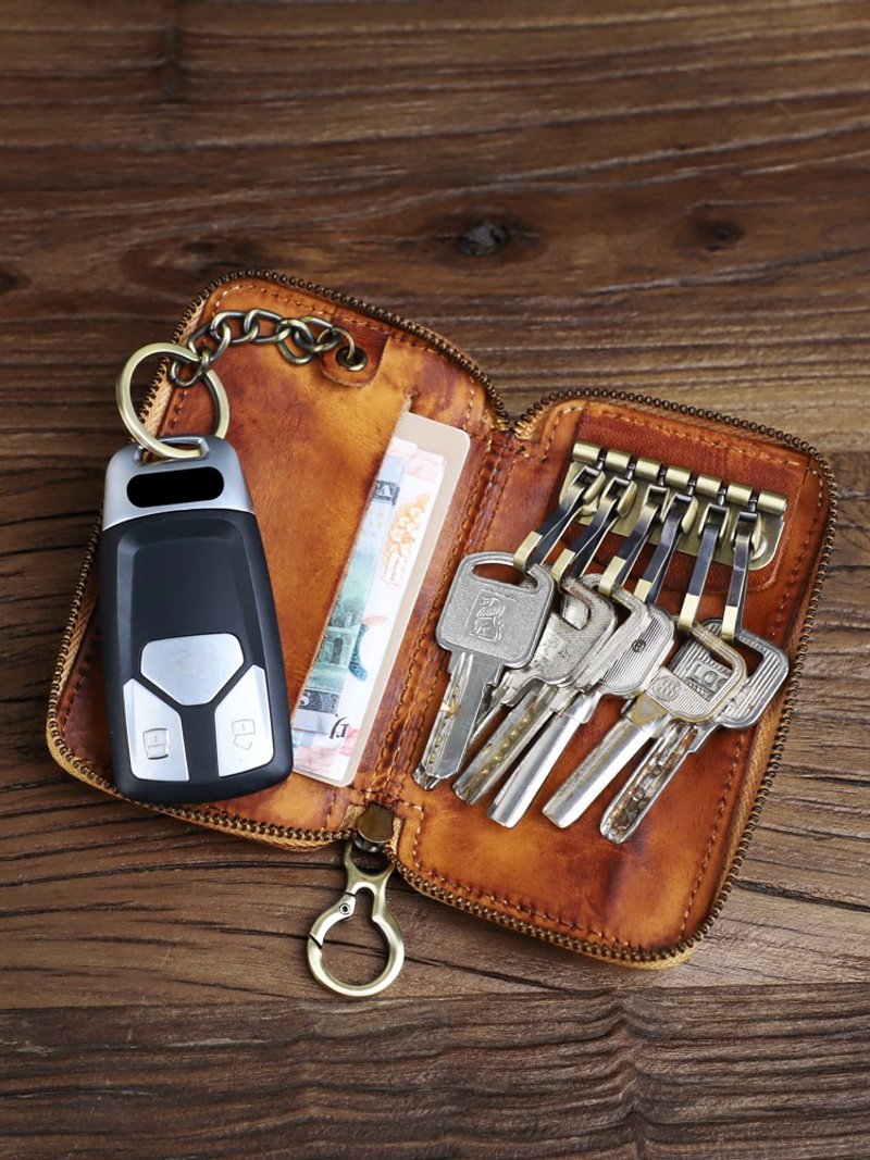 复古真皮钥匙卡片包 手工植鞣牛皮零钱包 拉链腰挂收纳包 - 钥匙链/钥匙包 - 真皮 咖啡色