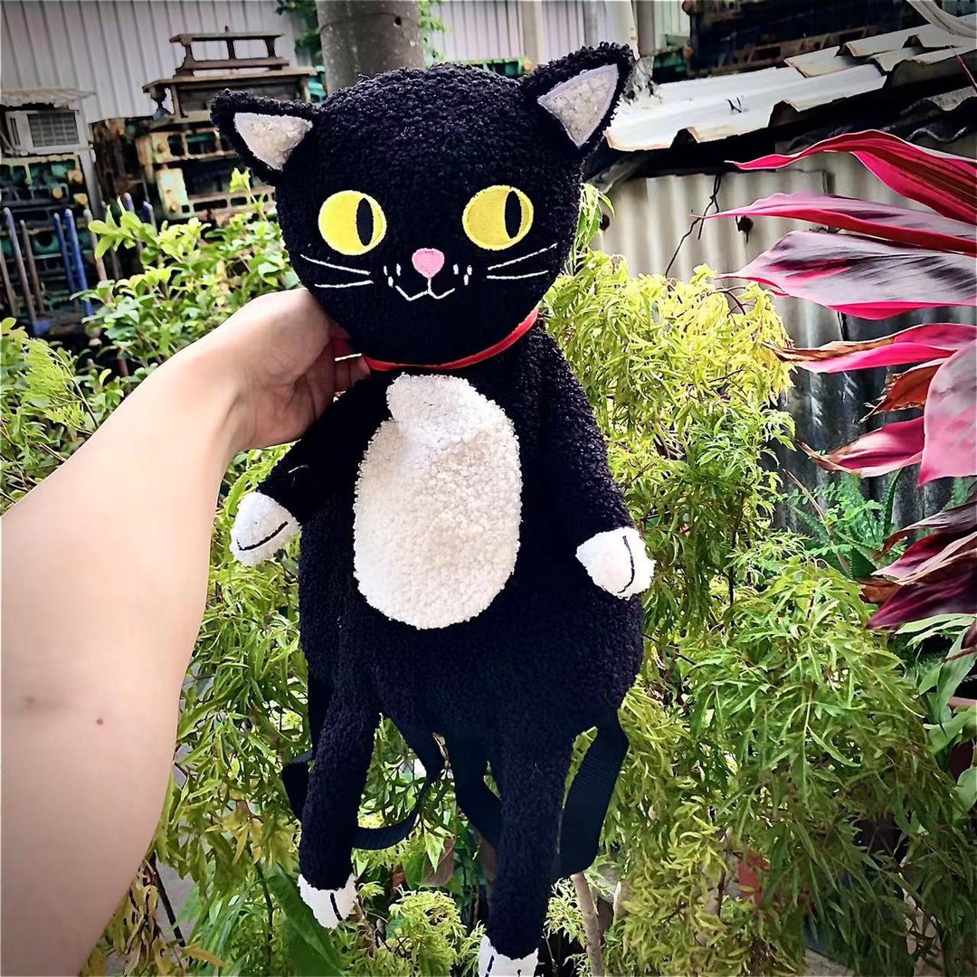 小黑猫童趣造型绒毛后背包 - 酷乐村 - 后背包/双肩包 - 棉 黑色