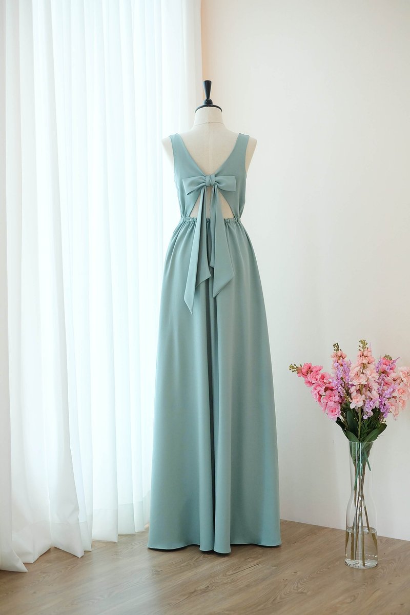 Dusty Sage Green Bridesmaid Long Dress Bow back Prom Party Dress - 晚装/礼服 - 其他材质 绿色