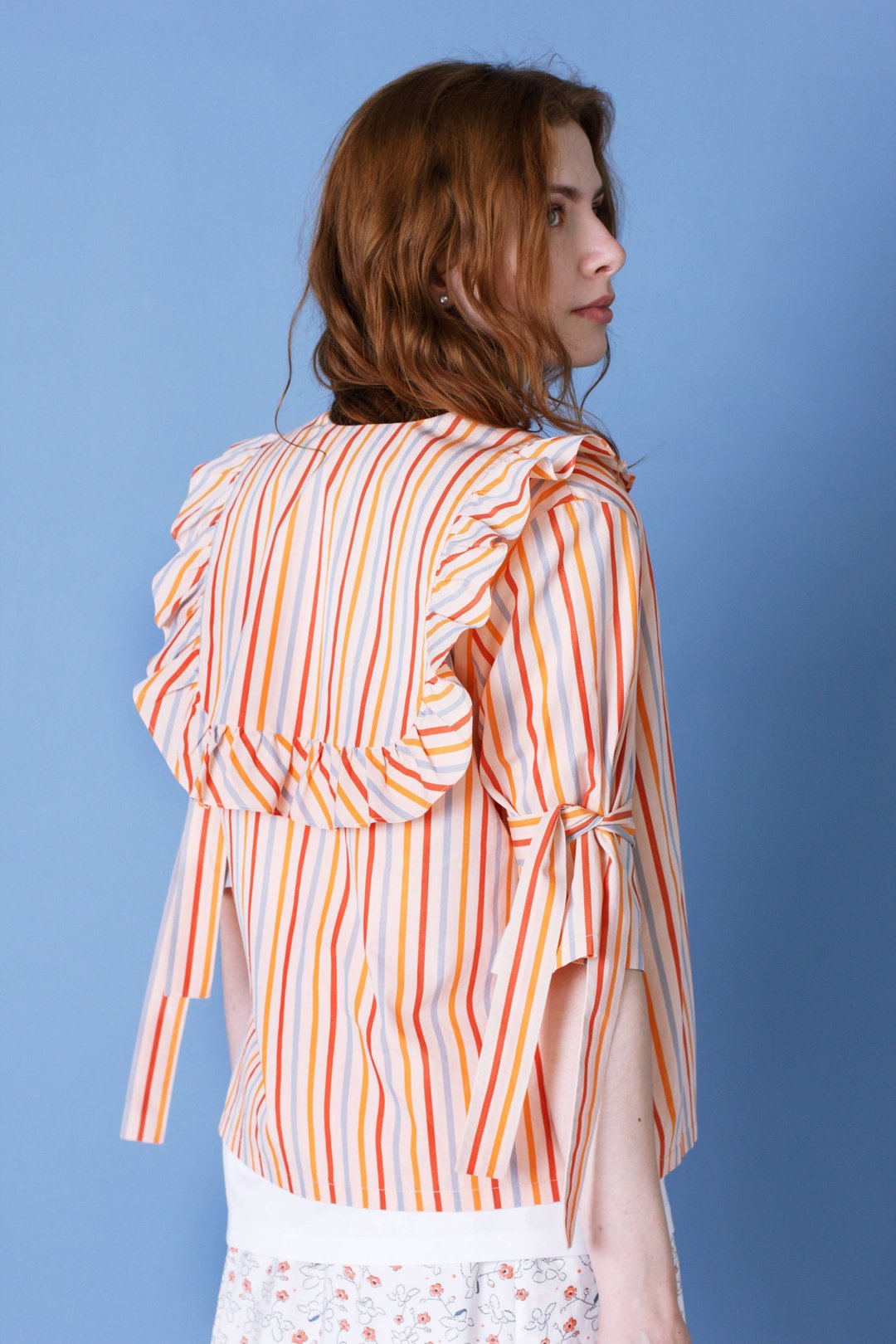 Striped cotton shirt, Short sleeve sailor moon top, Girls lovely v-neck blouse - 女装衬衫 - 棉 橘色