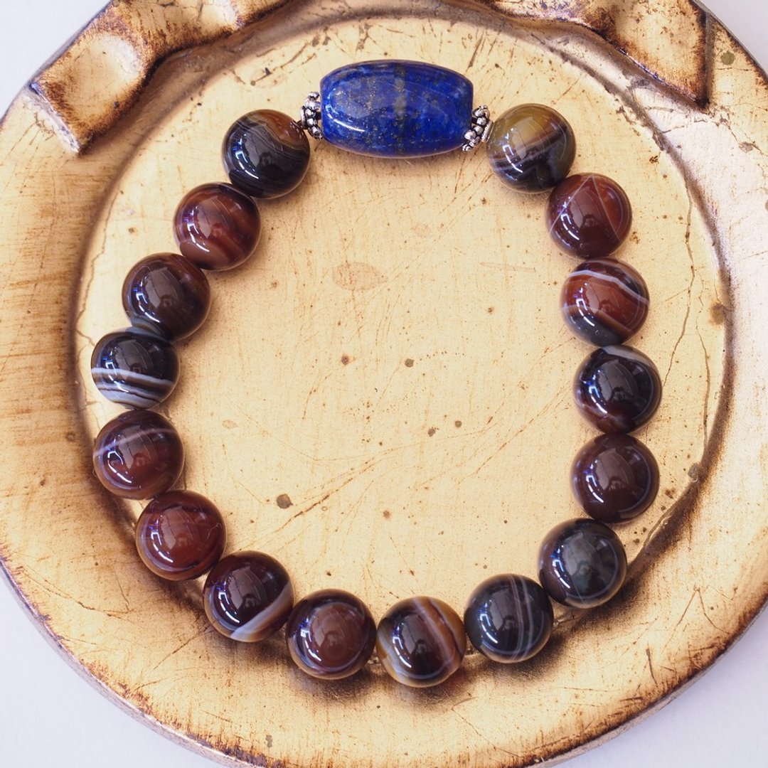 青金石 天眼缠丝玛瑙 红缟玛瑙 纯银手环 Sardonyx Bracelet - 手链/手环 - 半宝石 多色