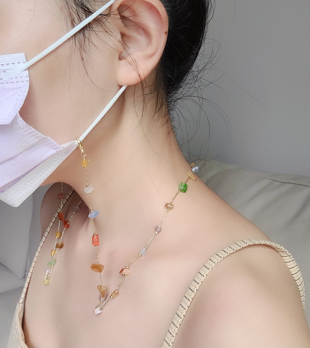 行星轨迹口罩链--宝石原矿镀18K真金 - 挂绳/吊绳 - 宝石 多色