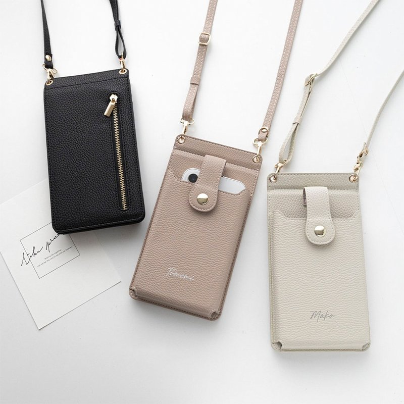 附镜子 手机斜背包 【 simple 名字刻印 】 手机背带 文字刻印 HE03U - 侧背包/斜挎包 - 真皮 黑色