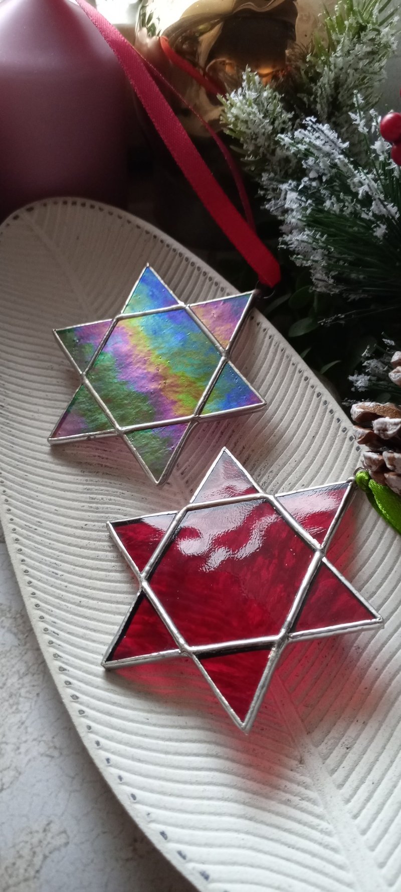 一组两件式雪花吊饰梅尔卡巴圣诞装饰，简约彩绘玻璃 - 其他 - 玻璃 多色