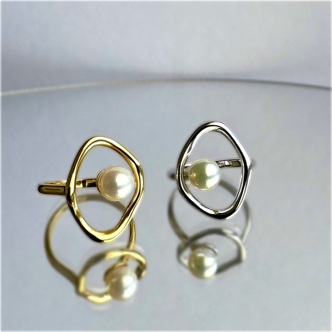 纯银 珍珠 x 曲线美戒指 两色可选 尺寸可调 Akoya珍珠 日本珍珠 pearl ring 珍珠戒指 진주반지 - 戒指 - 珍珠 