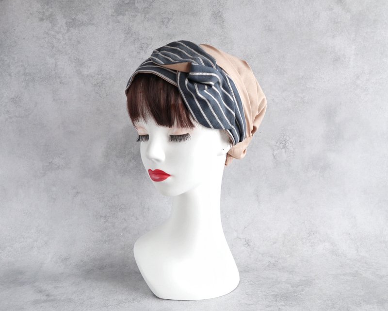 含运日本制 绑带款 (帅气条纹/海军蓝) 与柔雾米色 - 发饰 - 棉．麻 蓝色