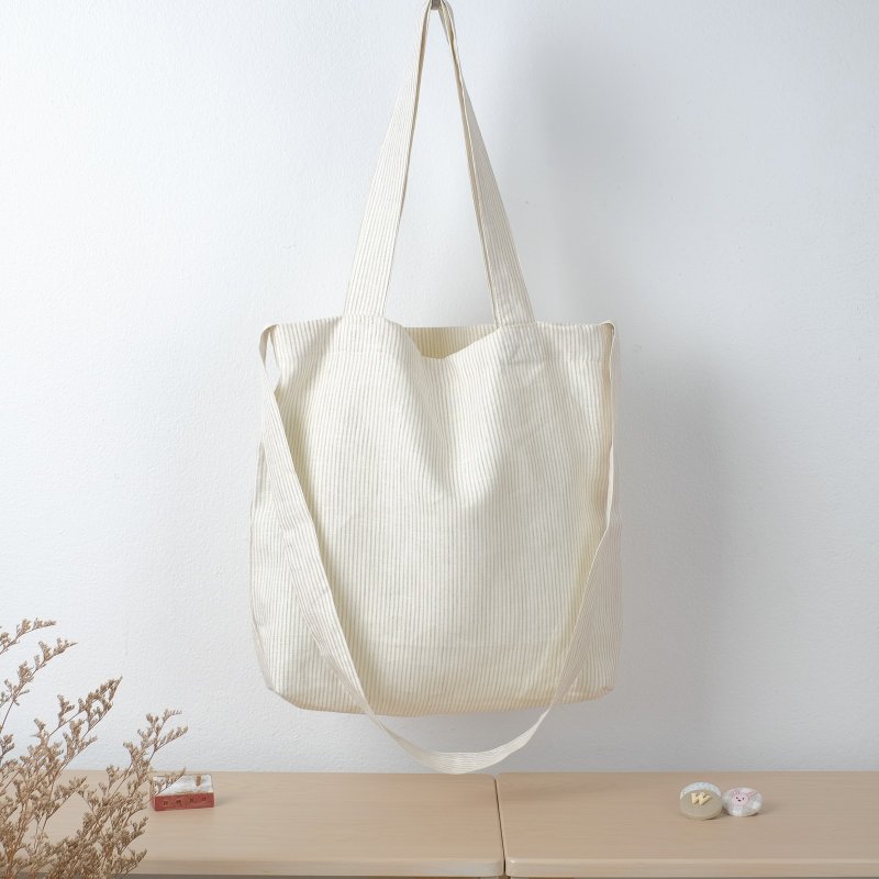 条纹亚麻制手提/肩背包-鸡蛋色 - 侧背包/斜挎包 - 棉．麻 卡其色