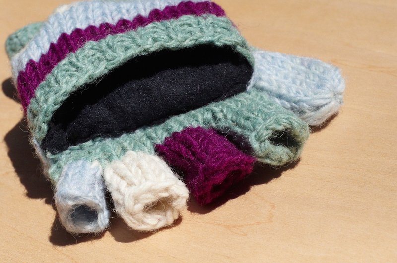 圣诞礼物 创意礼物 手织纯羊毛针织手套 / 可拆卸手套 / 保暖手套(made in nepal) - 北欧费尔岛图腾  tiffany绿+葡萄紫 - 手套 - 羊毛 多色