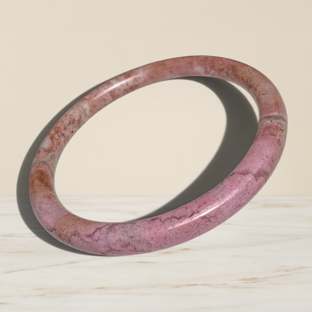 蔷薇辉石 手镯 全粉玉化 老矿原矿 内径 58mm 玫瑰石 手环 桃花玉 - 手链/手环 - 玉石 粉红色