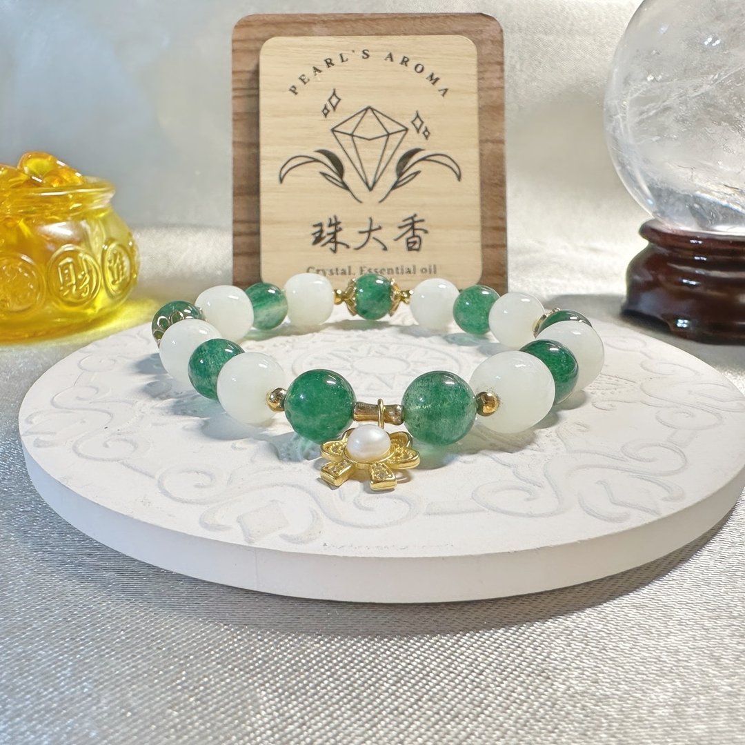玉华凝霜 和阗玉 绿草莓晶 珍珠手链 翠和雅集 - 手链/手环 - 玉石 绿色