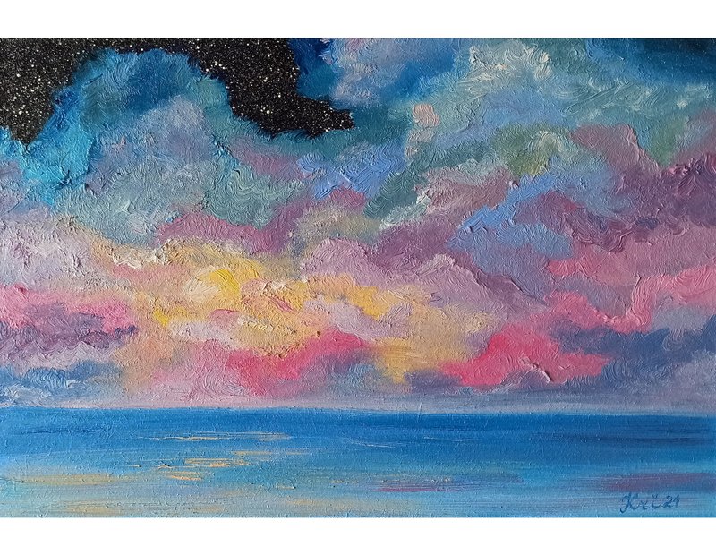 Seascape Painting Clouds Art Sky Oil Painting Ocean Original Art Starry Night - 海报/装饰画/版画 - 其他材质 多色