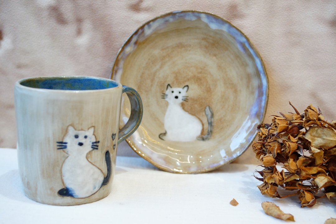 手捏马克杯盘组 猫咪传情 陶杯茶盘组 午茶杯盘组 午茶系列 - 咖啡杯/马克杯 - 陶 多色