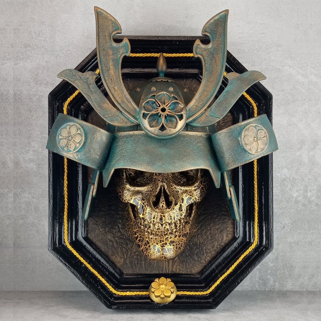 迷你 3D 武士骷髅，壁饰：日本武士 黑与旧铜色 - 墙贴/壁贴 - 塑料 金色