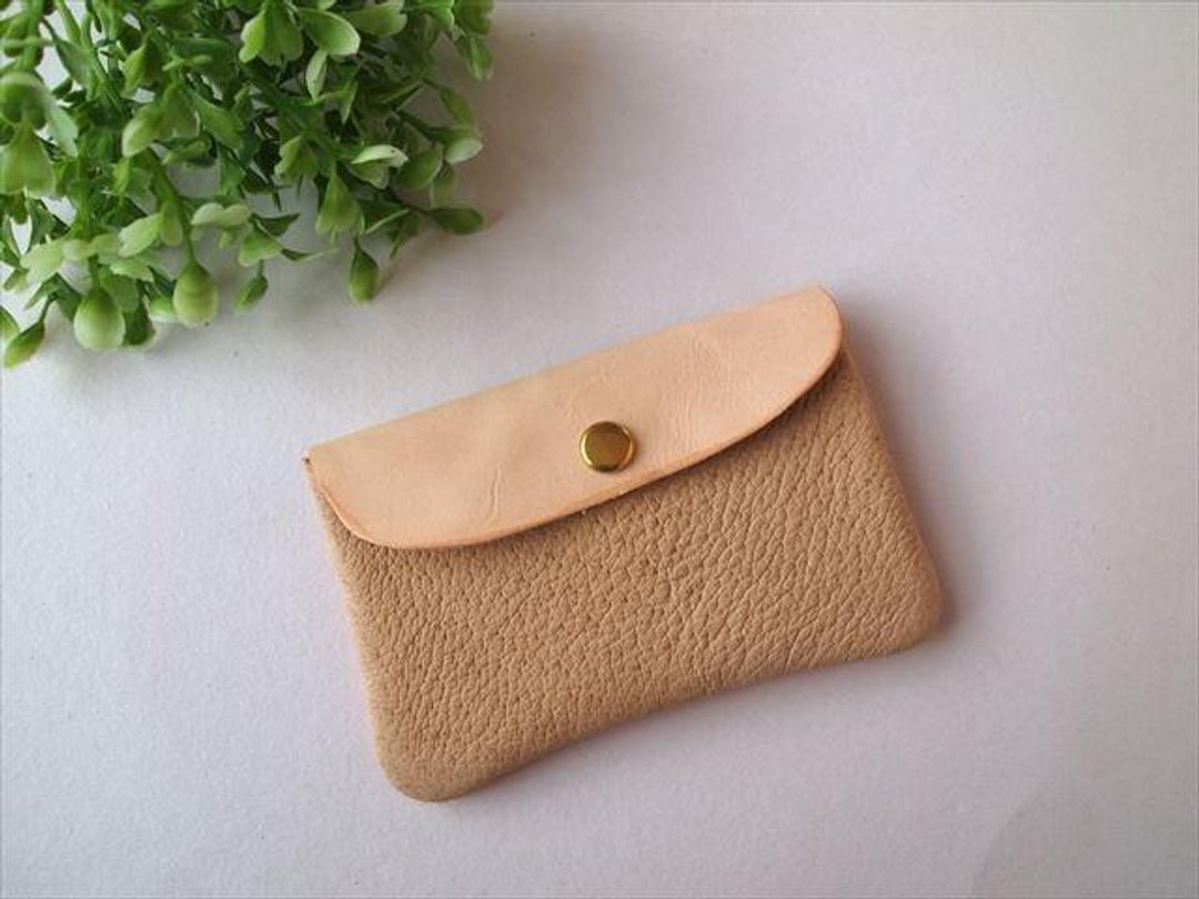 [Beige x Orange] Pig leather soft card case [Made to order] Leather pass case - 名片夹/名片盒 - 真皮 蓝色