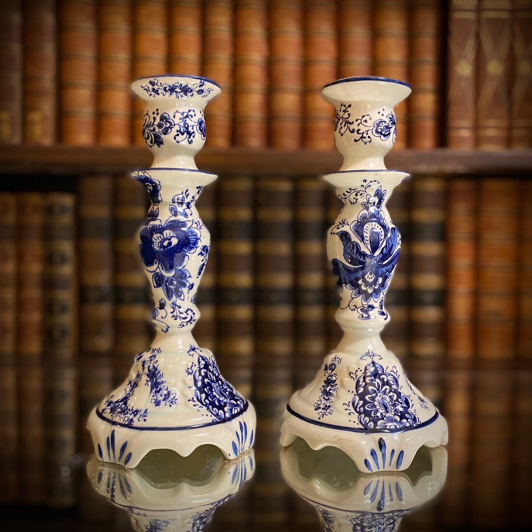 荷兰 Delft Blue 手绘青花蓝陶烛台一对 - 蜡烛/烛台 - 陶 蓝色