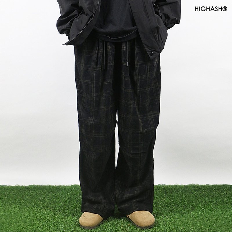 喷墨格纹伞兵宽松微喇垂感肌理感灯芯绒松紧腰长裤 - 男士长裤 - 其他材质 黑色