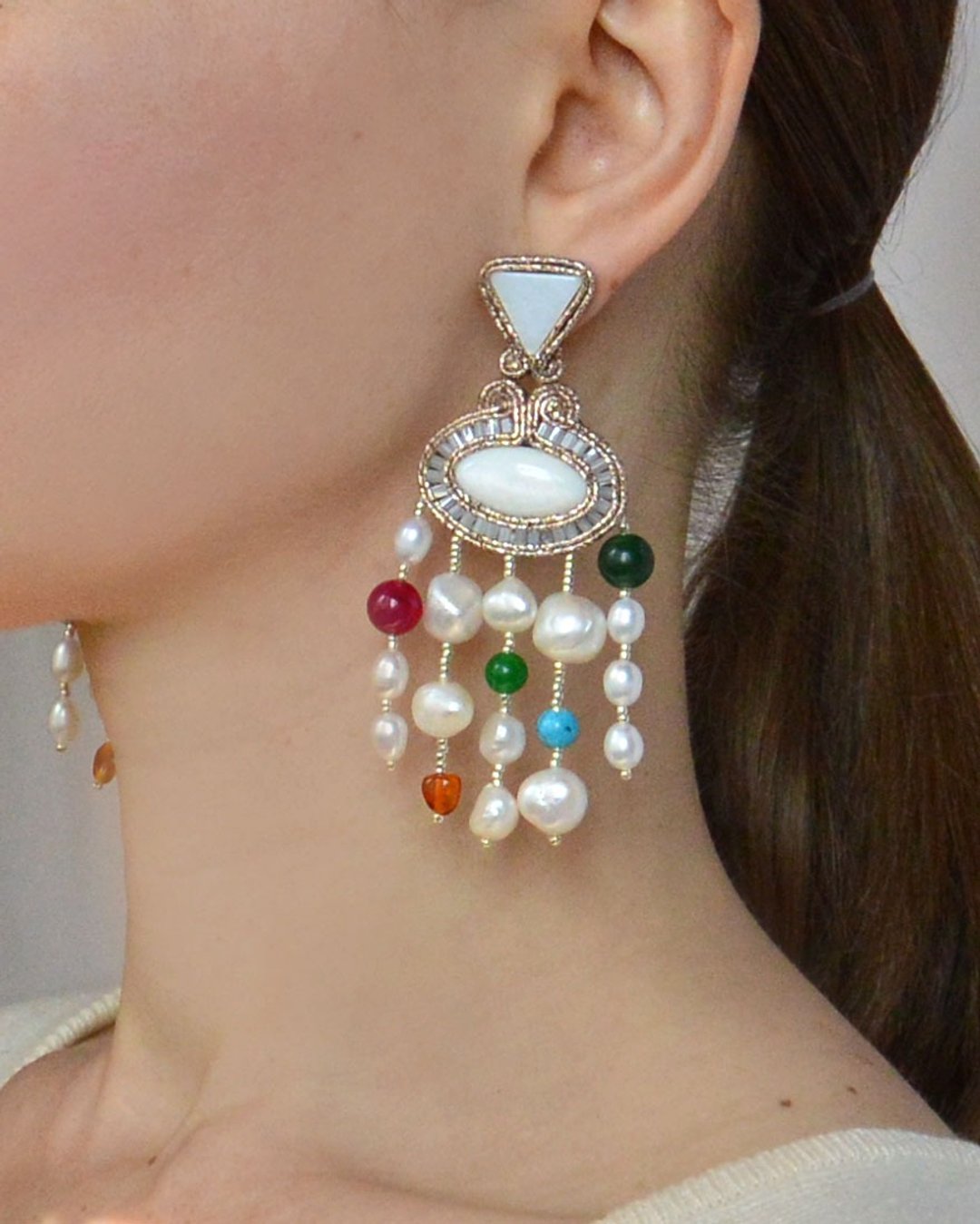 Earrings Beaded chandelier earrings with pearls and natural stones Christmas Gif - 耳环/耳夹 - 其他材质 白色