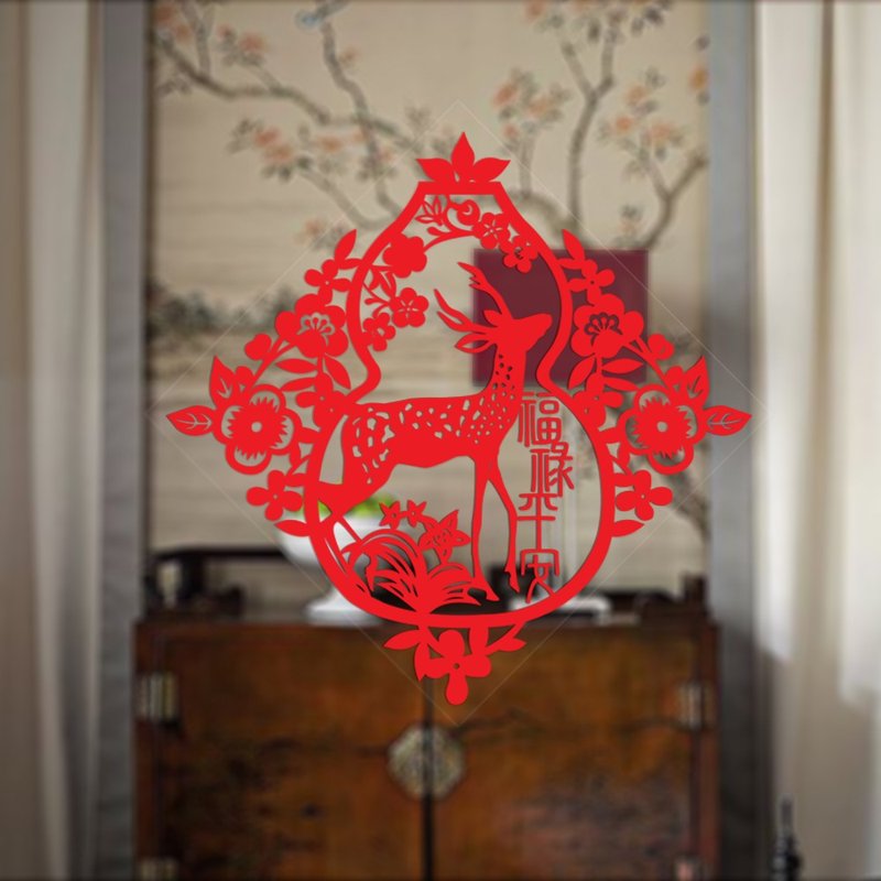 剪纸静电贴/福禄(鹿)平安-葫芦/大/方 - 红包/春联 - 防水材质 红色