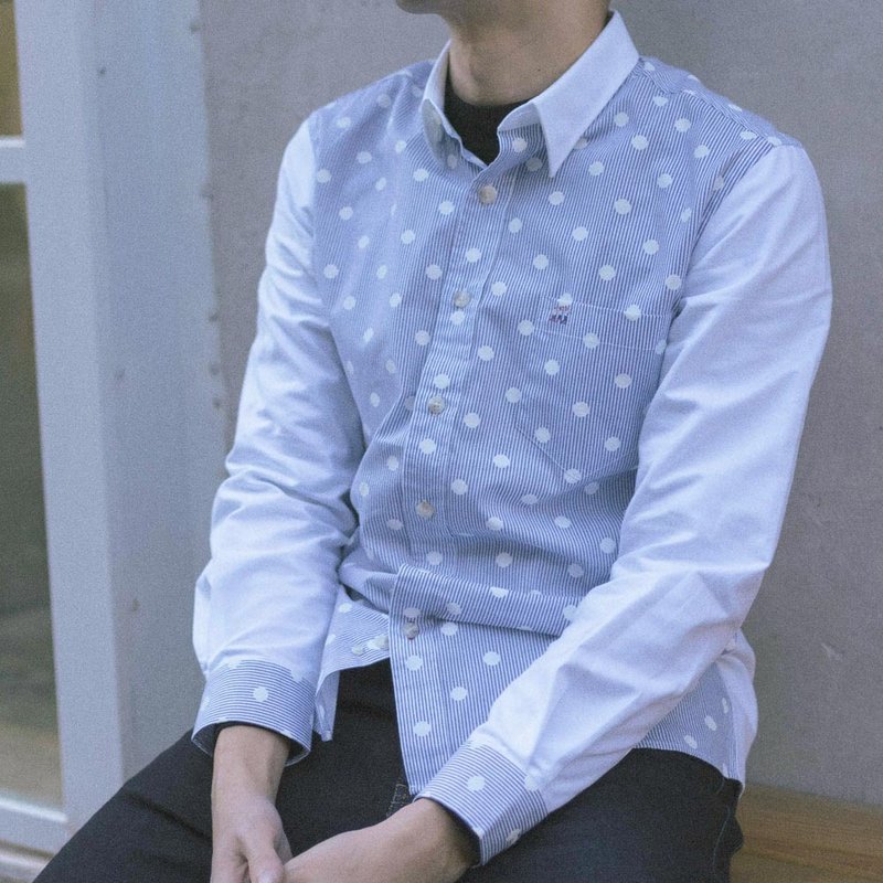 【男友礼物/包邮】埃及棉点点拼接长袖男衬衫│白色 - 男装衬衫 - 棉．麻 白色
