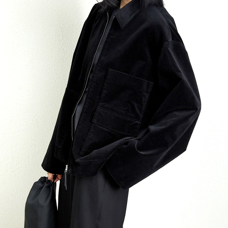 秋冬精致休闲日常通勤黑色细条绒口袋拉链短夹克外套 杲果GAOGUO - 女装休闲/机能外套 - 棉．麻 黑色