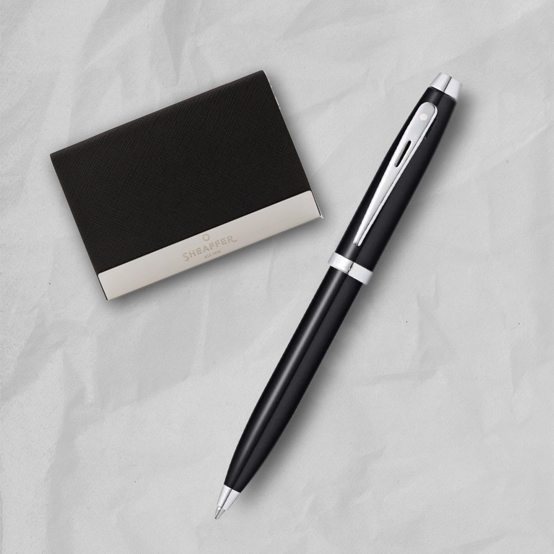 【SHEAFFER】100 系列黑亮漆白夹原子笔 + 商务名片盒 免费刻字 - 圆珠笔/中性笔 - 其他金属 银色