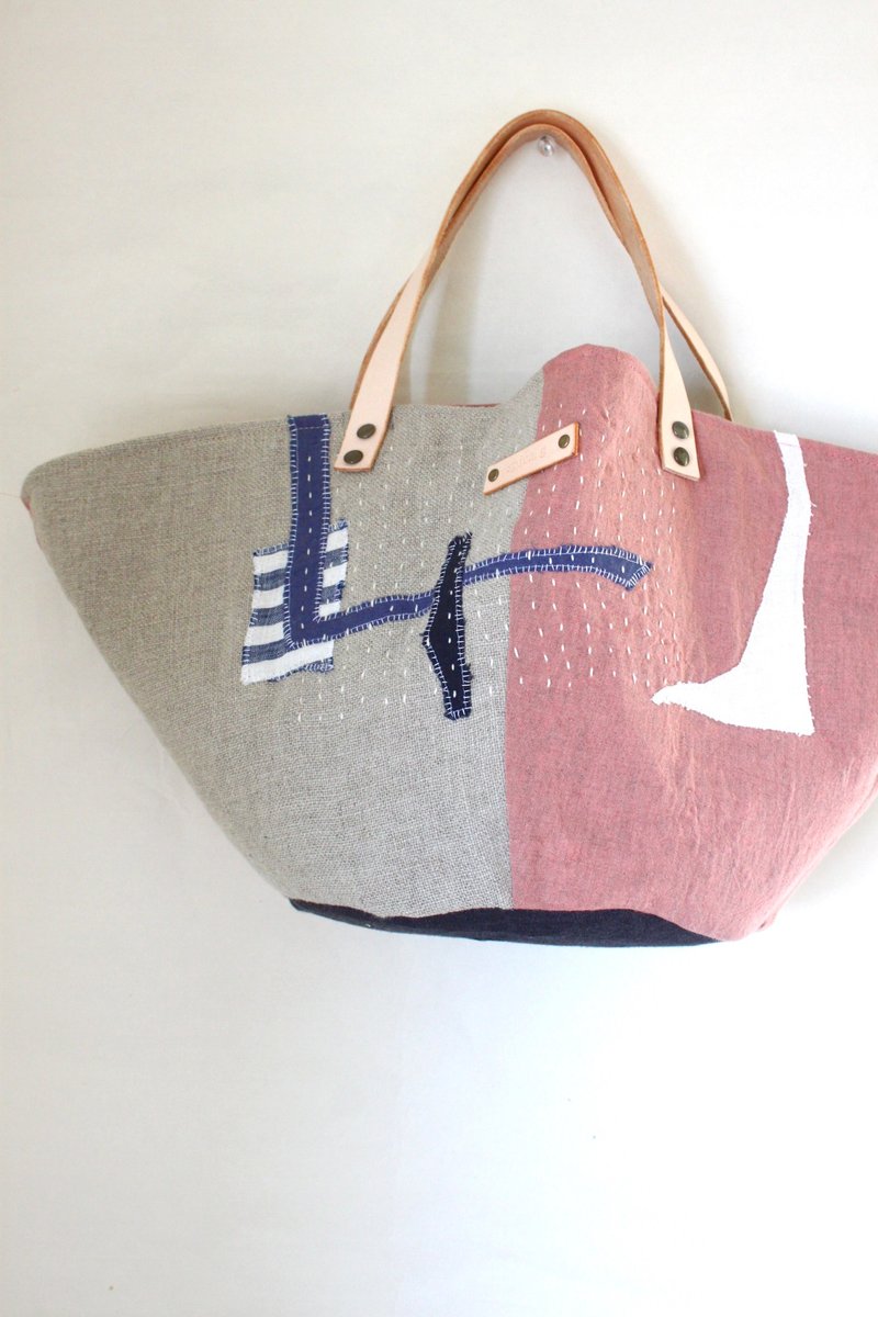 Linen collage marche bag pink - 手提包/手提袋 - 棉 粉红色