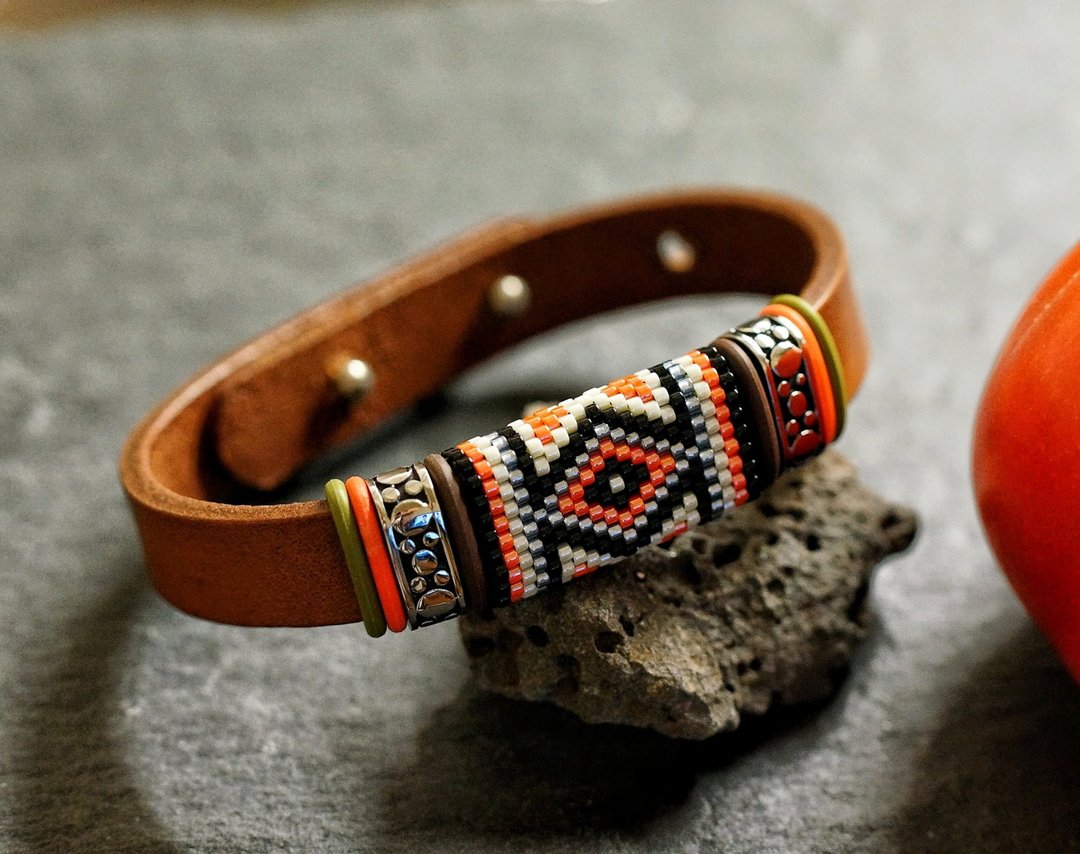 日本玻璃珠皮手带 ( Aiko Beads Leather Bracelet ) Aiko-08 - 手链/手环 - 真皮 