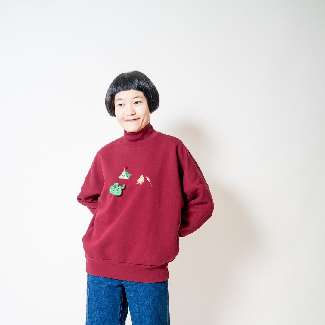野地里的好朋友 / 纯棉高领口袋上衣 / 酒红色 - 女装上衣 - 棉 红色