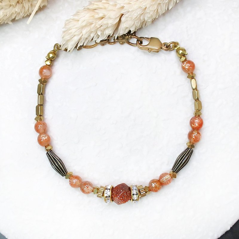 VIIART。骄阳。金砂石太阳石锆石黄铜手链 | 天然石复古风格手链 - 手链/手环 - 铜/黄铜 橘色