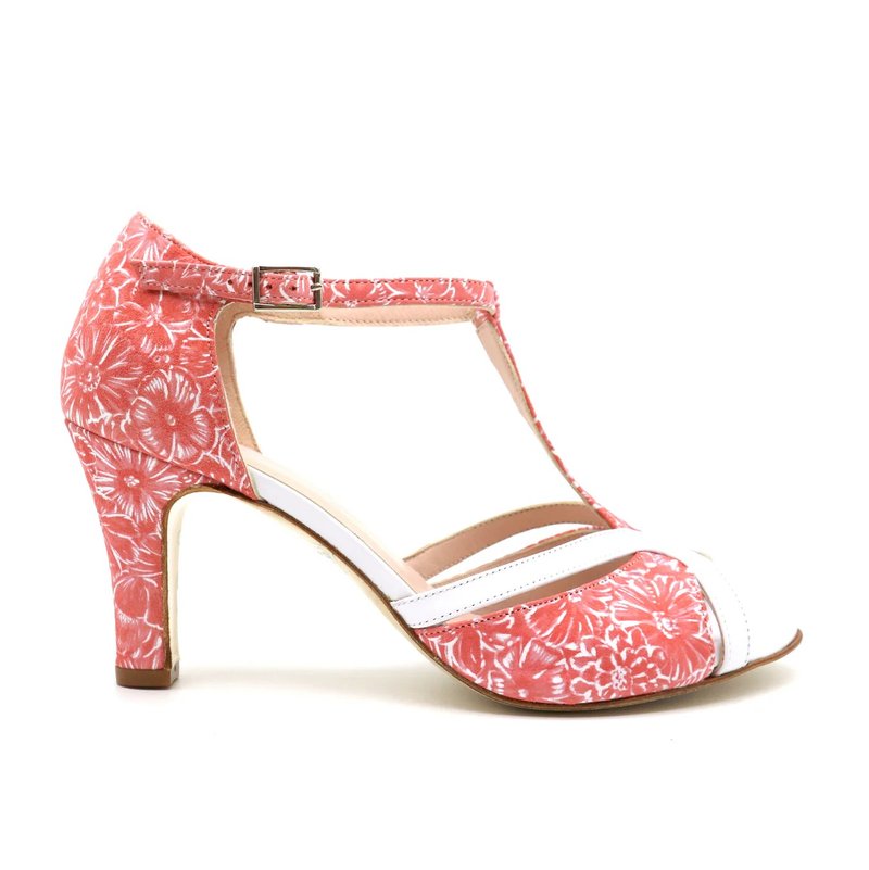 Coco珊瑚花朵高跟鞋宽7cm 37 - 高跟鞋 - 真皮 粉红色