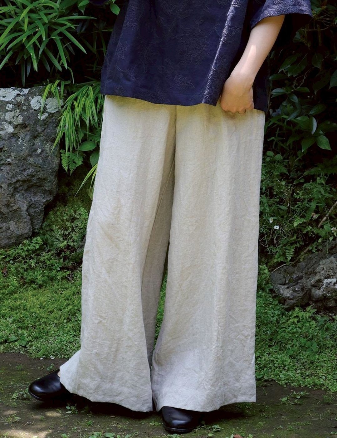 亚麻 原色 喇叭宽裤 - 女装长裤 - 棉 卡其色