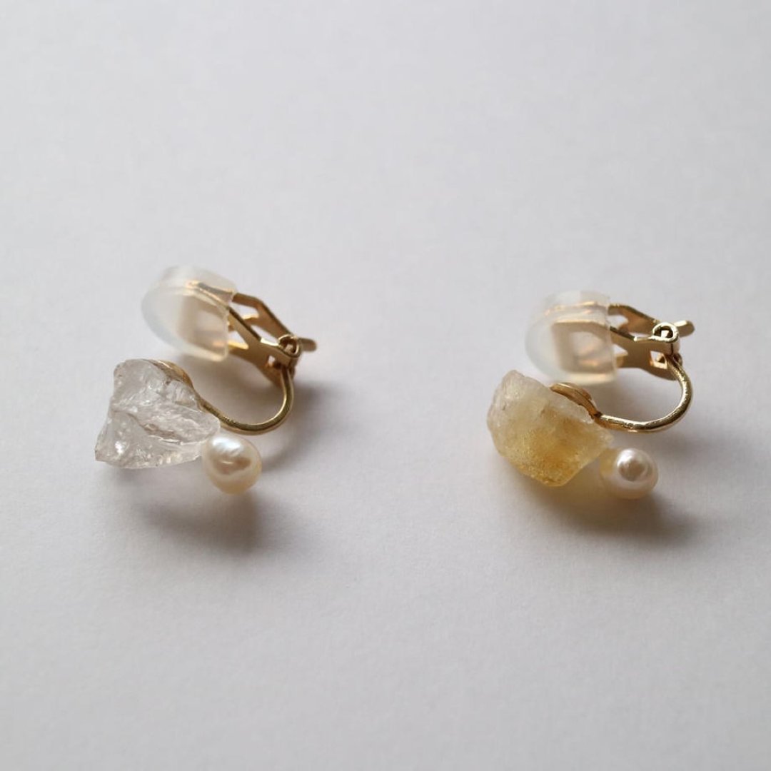tow earring citrine crystal(clip type) - 耳环/耳夹 - 石头 黄色