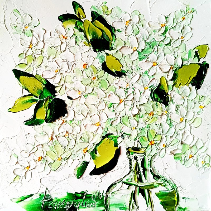 紫丁香油画原创艺术品厚涂花卉艺术紫丁香花 6 x 6 - 墙贴/壁贴 - 其他材质 